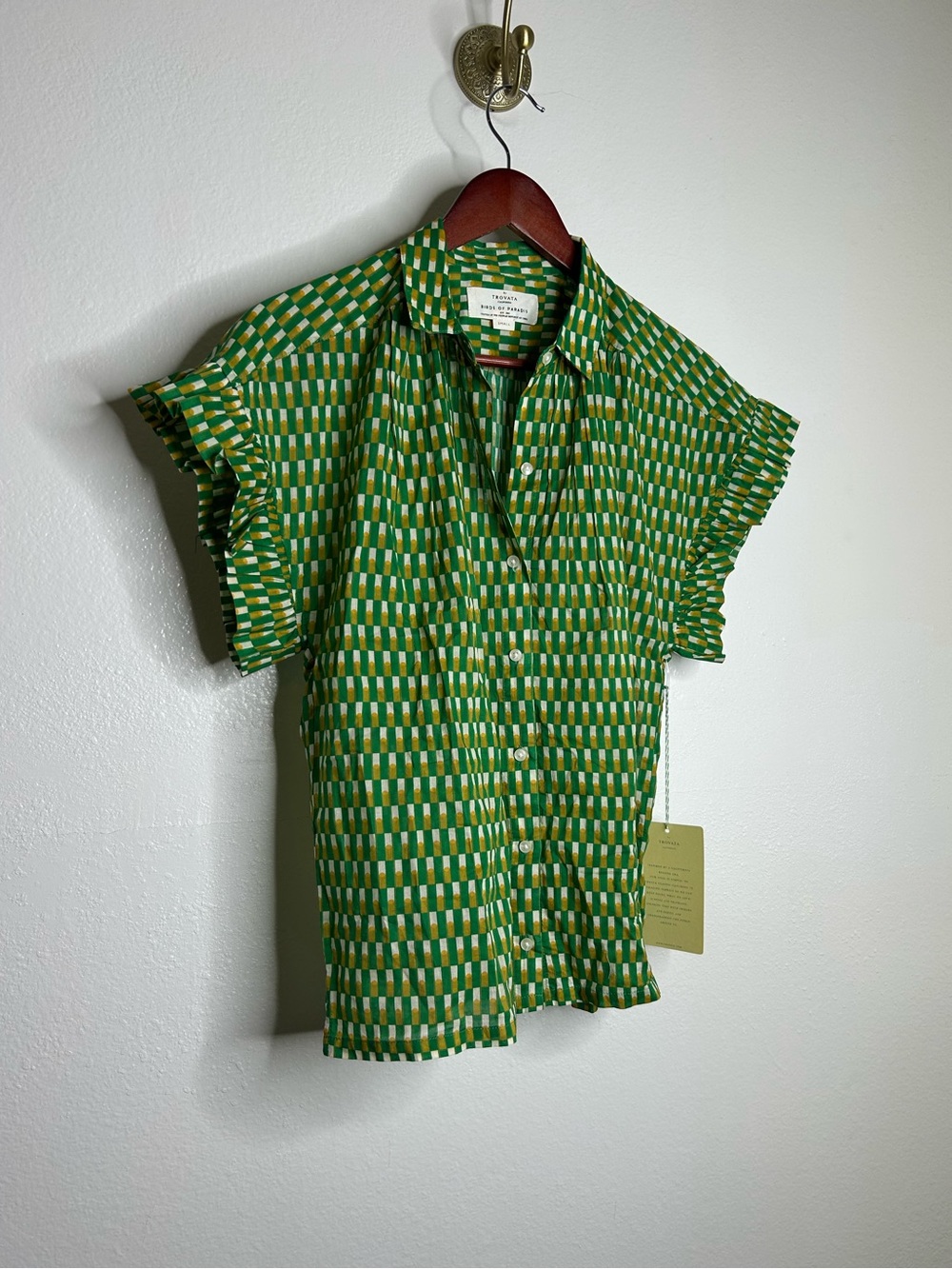 NWT Trovata 100% Cotton Green Multicolor Marianne B Ruffle Sleeve Shirt